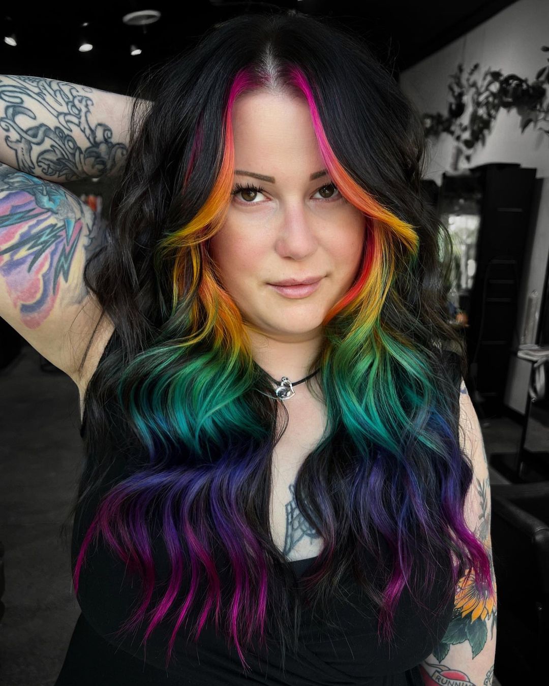 dark hair with rainbow money piece