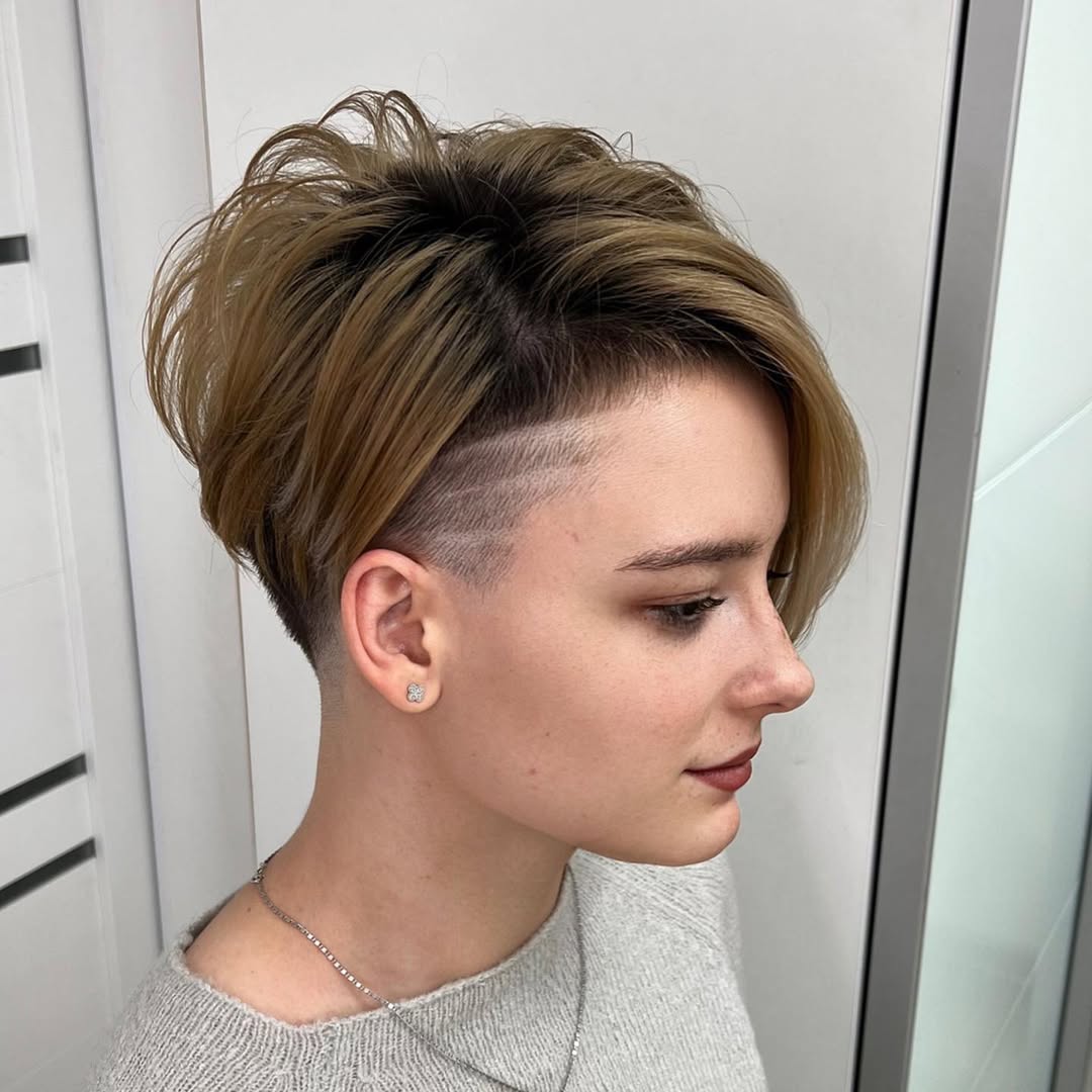 short hair with undercut lines and side bangs