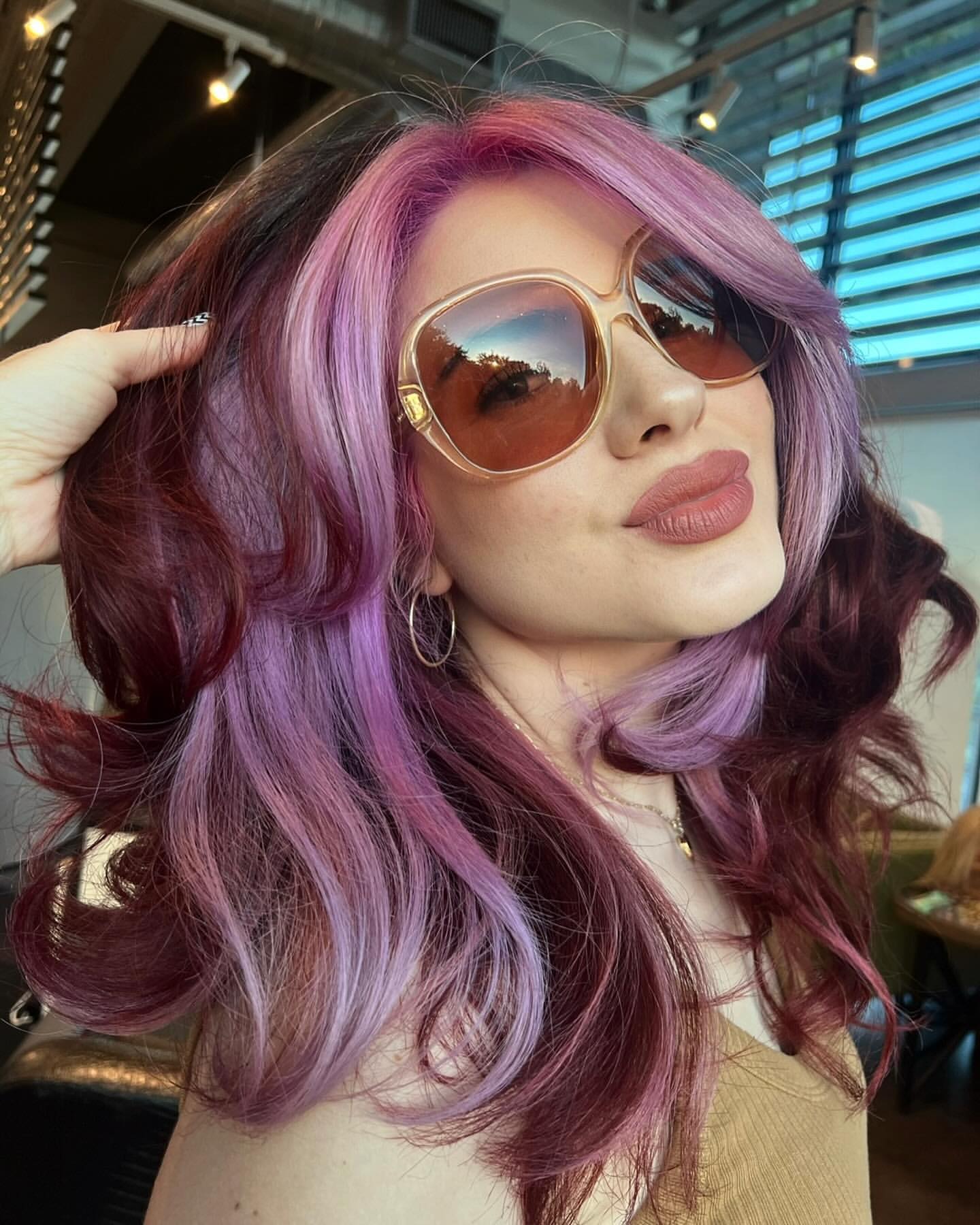 cherry and lavender color blocking hair