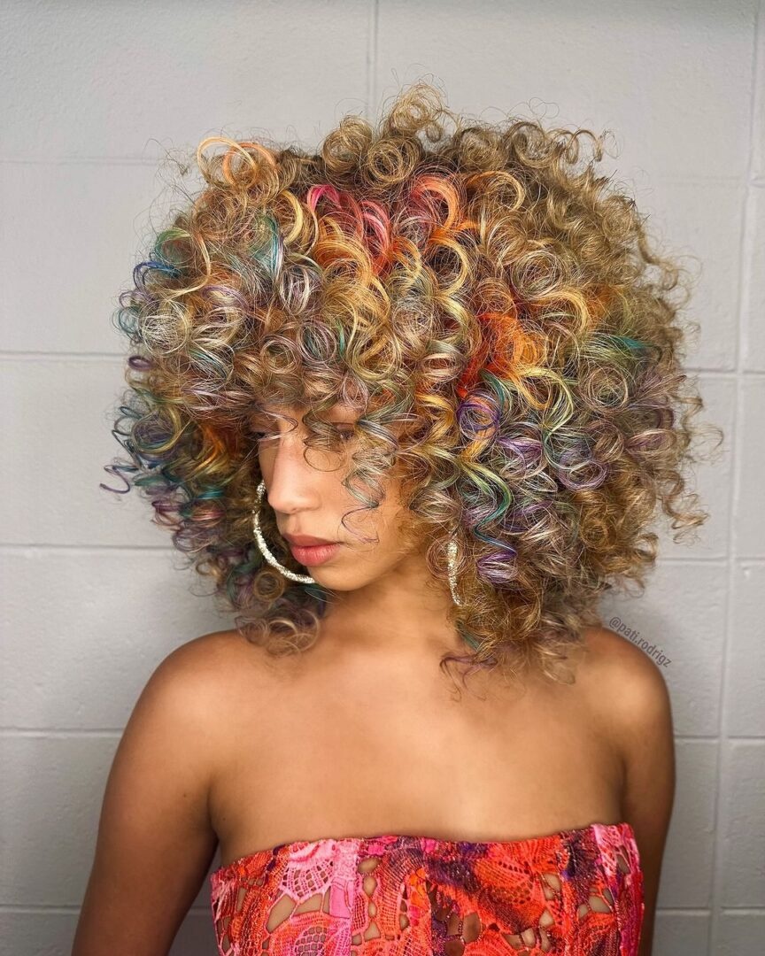 colorful round curly haircut