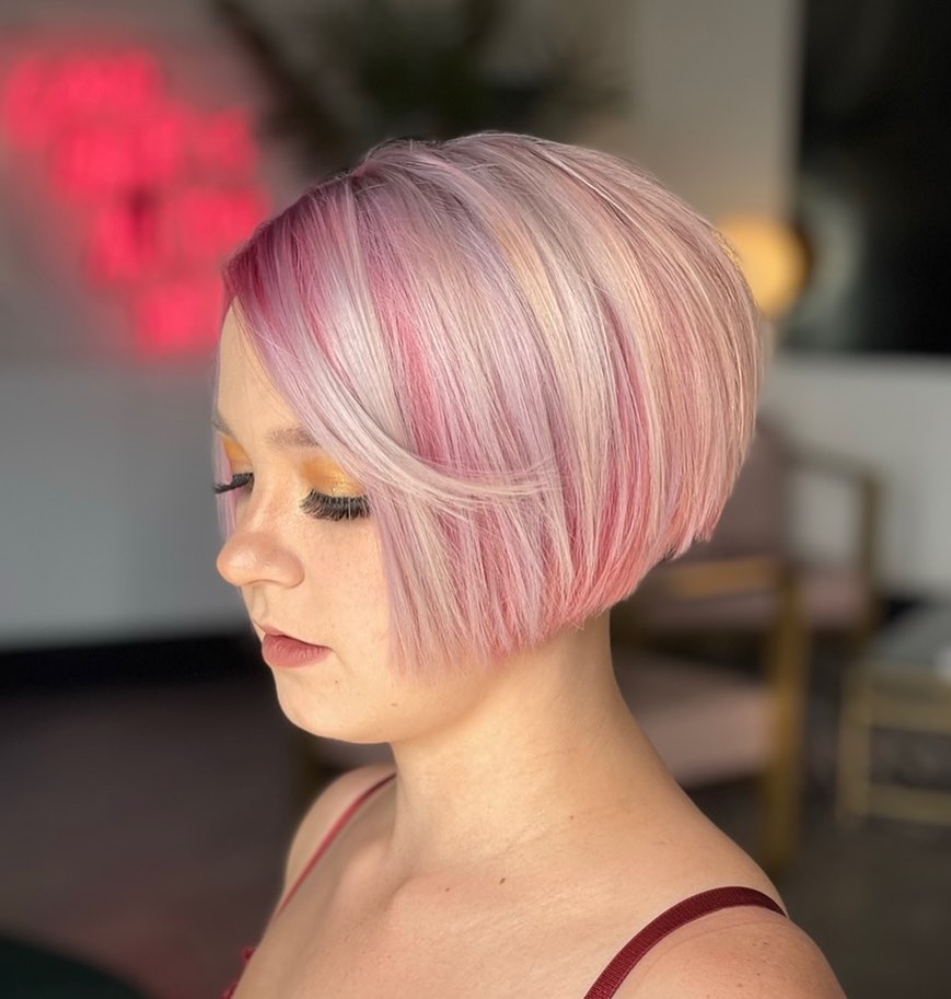 pastel wedge haircut with bangs