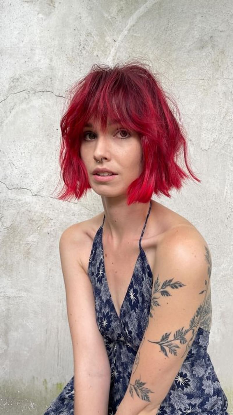 Cherry Red Short Bob with Fringe