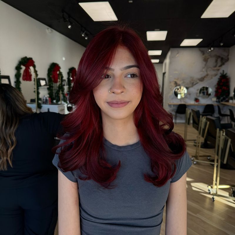 Cherry Red Side-Swept Bangs