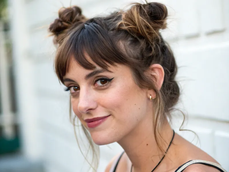 Half-Up Space Buns with Wispy Bangs