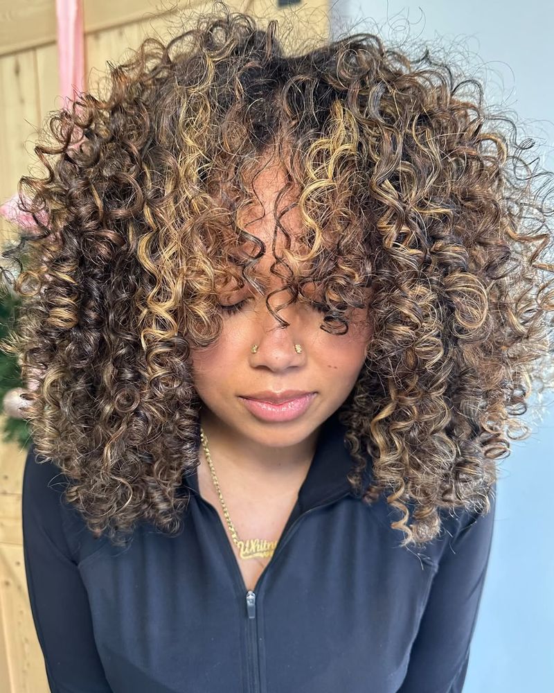 Rich Caramel Curls with Bangs