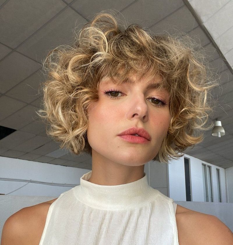 Curly Blonde Bob with Fringe