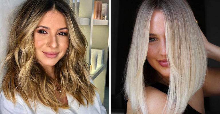 Collage of different lob cuts for thick hair, including layered and blunt styles
