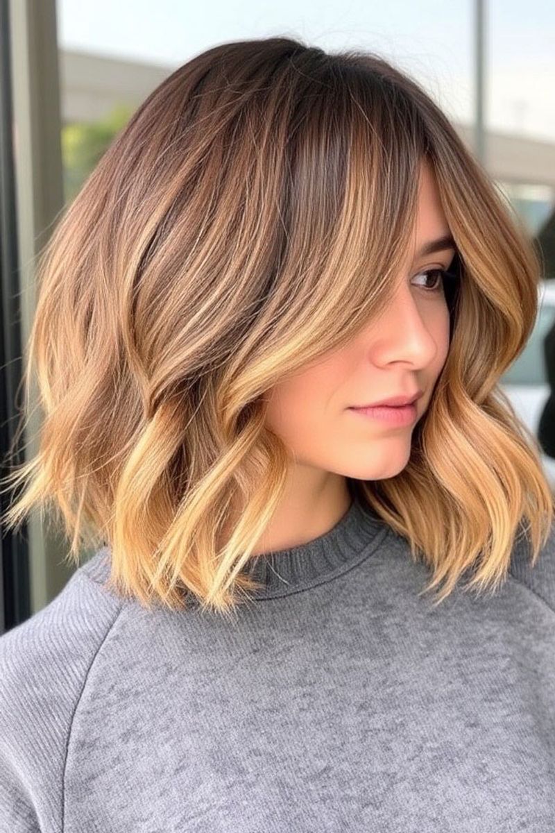 Wavy Lob with Center Part for Round Faces