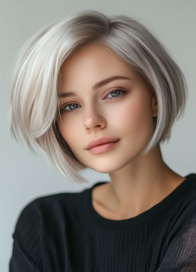 Sleek Silver Bob with Side Sweep