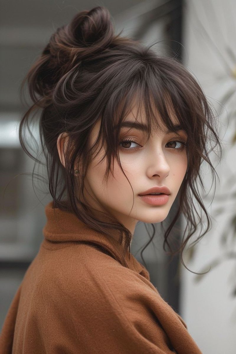 Top Knot disordinato con frangetta
