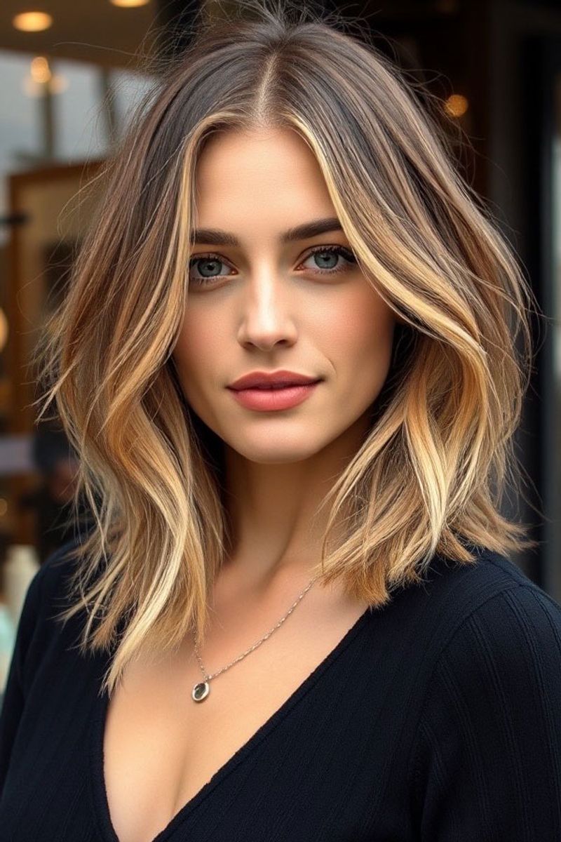 Wavy Lob with Money Piece Highlights