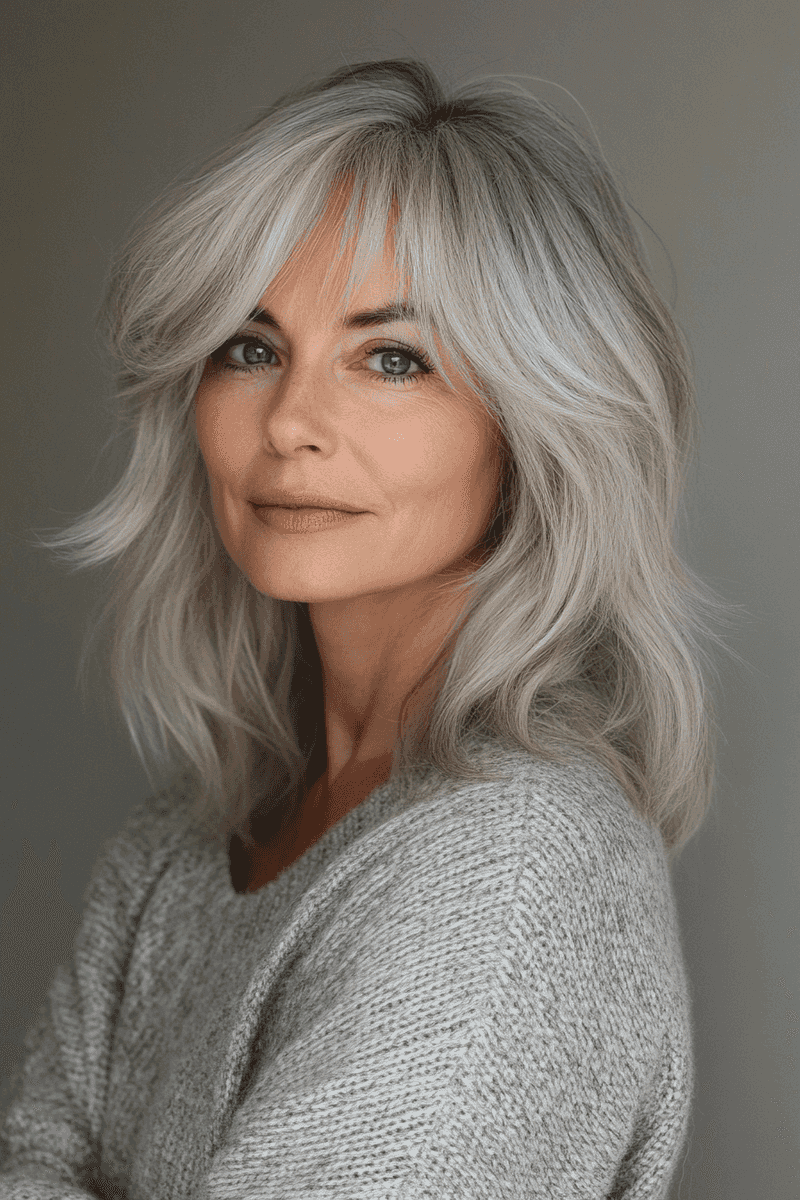 Silver Layered Shag with Curtain Bangs