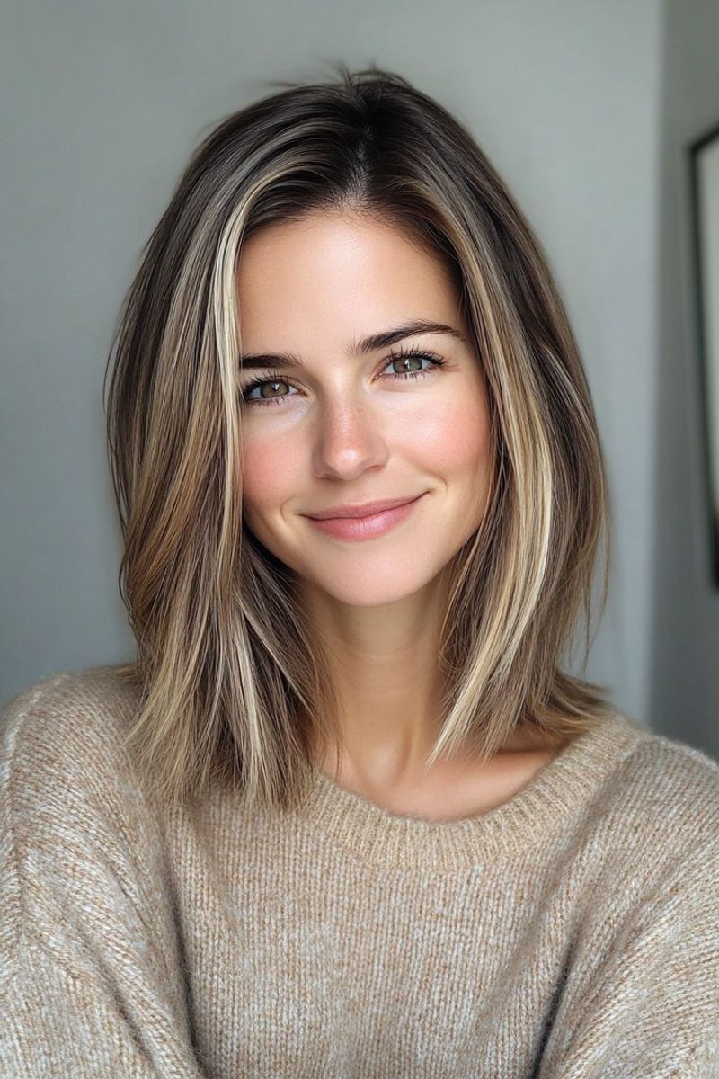 Layered Lob with Money Piece Highlights
