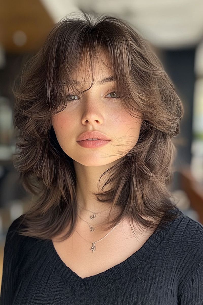 Shoulder-Length Shag with Curtain Bangs