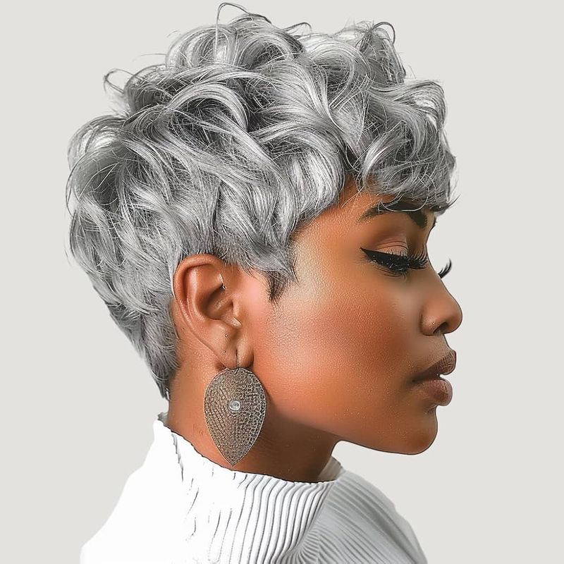 Curly Silver Pixie with Volume