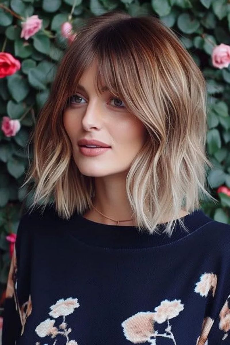 Balayage Lob with Long Bangs